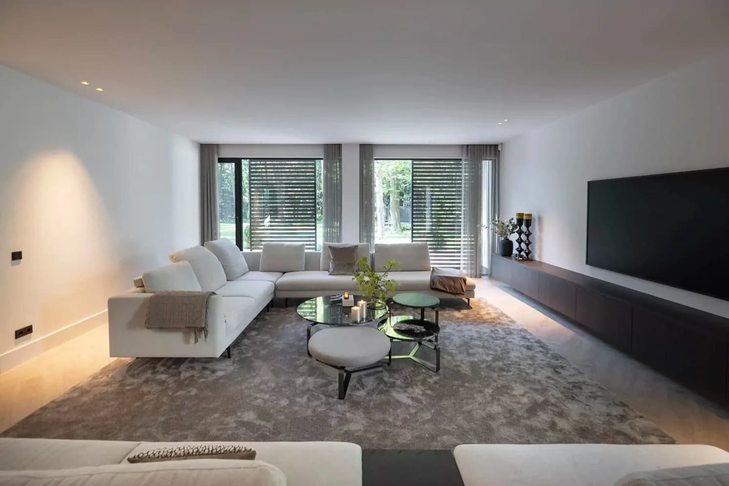 Woonkamer met daglicht en zicht op het bos
