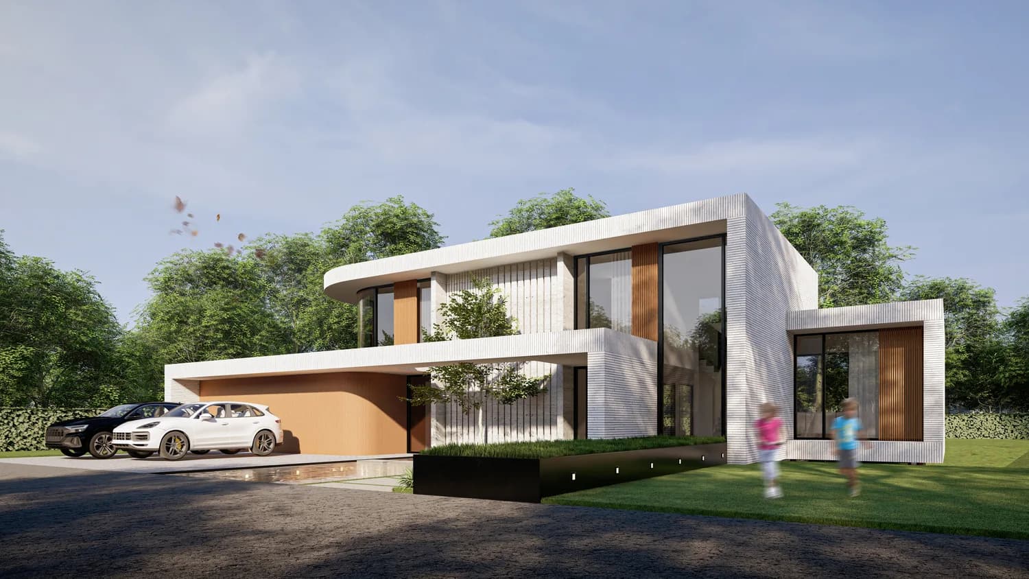 Vooraanzicht van de villa met grote glaspartijen